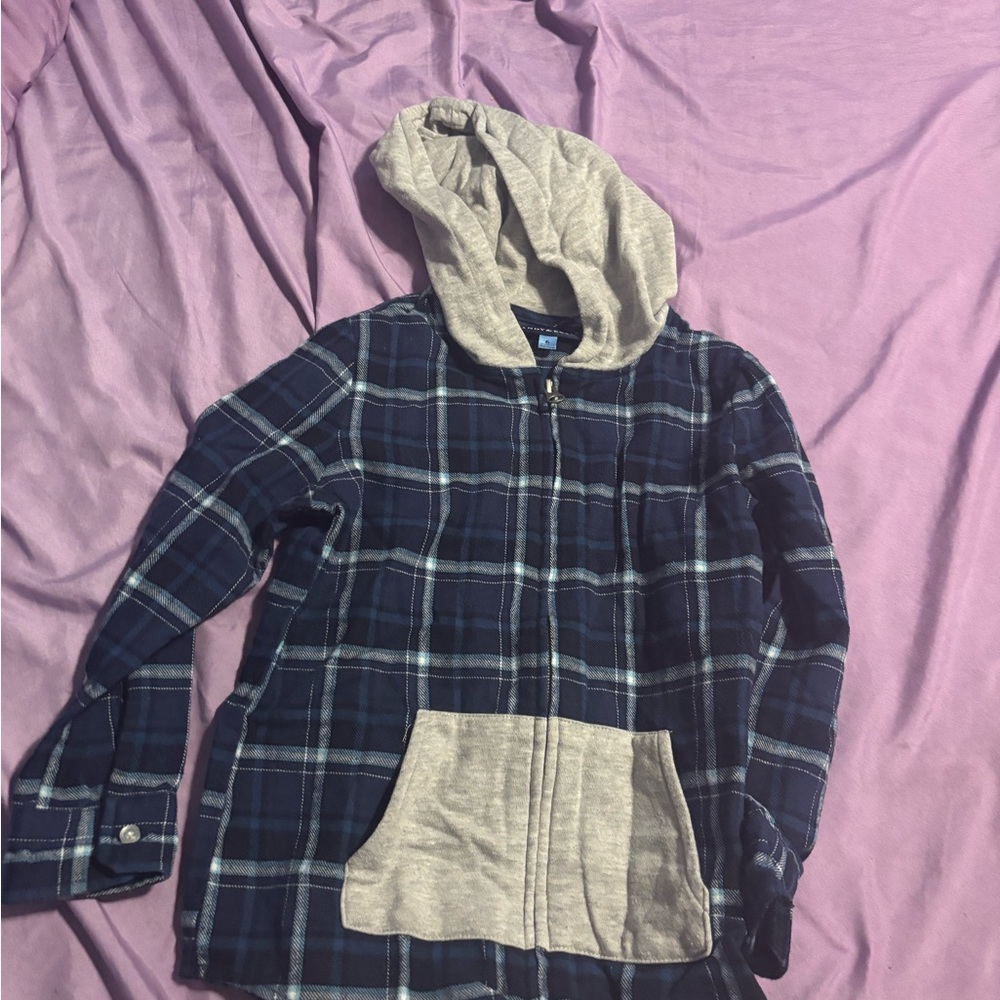 Andy & Evan Navy Plaid Zip Hoodie with Gray Hood & Pocket